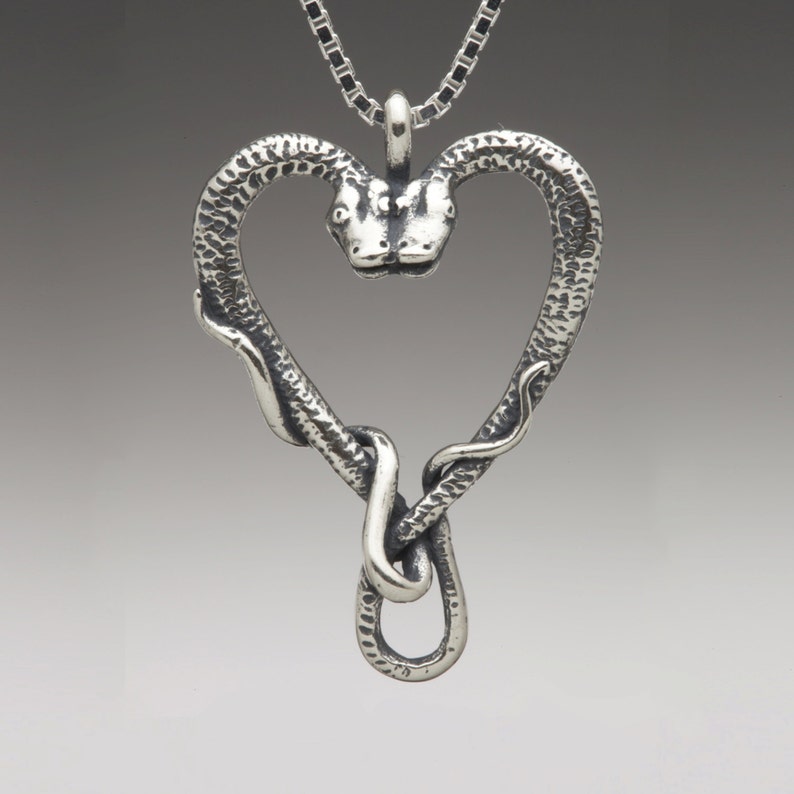 Snake Necklace Silver Heart Necklace Silver Viper's Valentine Pendant Snake Jewelry Serpent Jewelry Valentines Gift Valentines Day Gift image 1