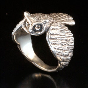 Owl Ring Silver Owl Jewelry Bird Ring Bird Jewelry Sterling Silver Ring Owl Art Mens Ring Gift for Him Gift For Her Bird Lover Feather Ring image 2