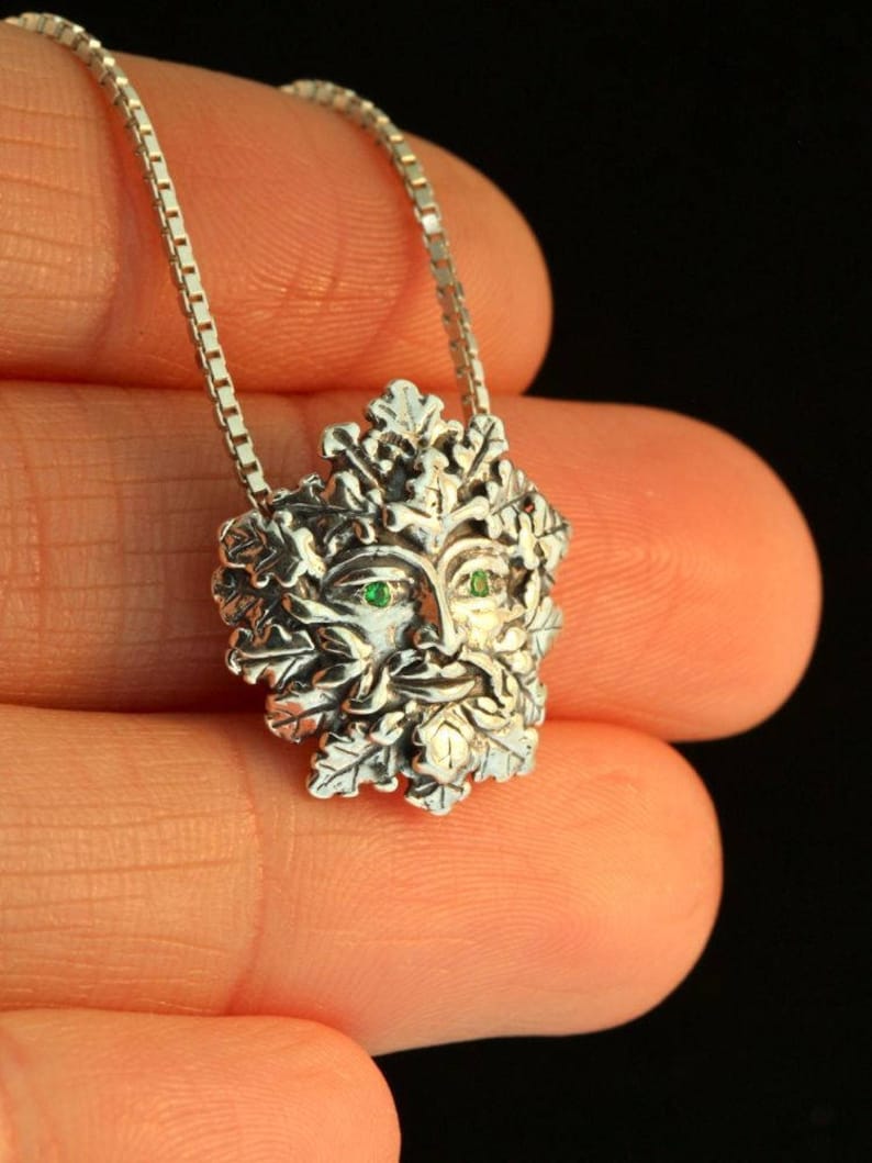 Green Man Charm with Tsavorite Eyes - Sterling Silver - Pagan Jewelry image 5