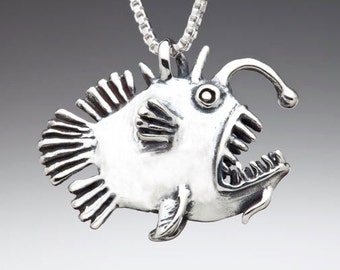 Angler Fish Necklace Angler Fish Charm Ugly Scary Fish Angler Fish Art Fish Necklace Lantern Fish Steampunk Unique Silver Charm