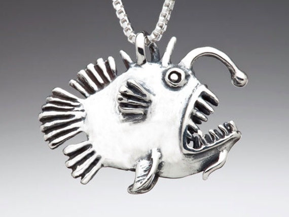 Angler Fish Necklace Angler Fish Charm Ugly Scary Fish Angler Fish Art Fish  Necklace Lantern Fish Steampunk Unique Silver Charm 