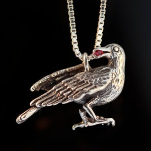 May include: A silver crow pendant with a red gemstone eye, hanging from a silver chain.
