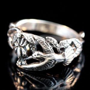 Hummingbird Ring Silver Bird Ring Bird Jewelry Hummingbird Jewelry Flower Ring Flower Jewelry Floral Jewelry Silver Ring Graduation Gift