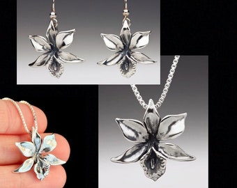 Silver Orchid  FlowerNecklace and Earring Set Sterling Silver Orchid Earrings Orchid Necklace Flower Charm Flower Jewelry Set Black Friday