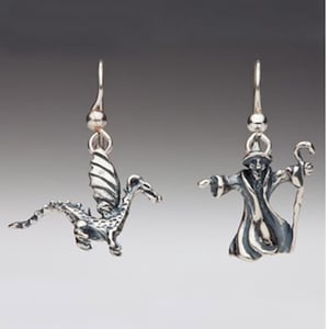 Wizard and Baby Dragon Earrings Silver Earrings Wizard Jewelry Dragon Jewelry Dragon Jewelry Wizard Jewelry Renaissance Jewelry