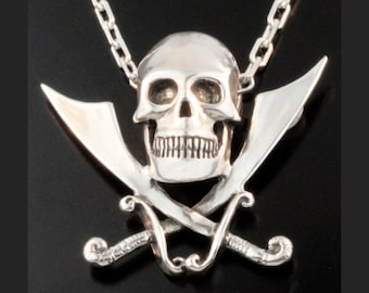 Pirate - Skull and Crossed Cutlass Pendant - Sterling Silver - Biker Gift