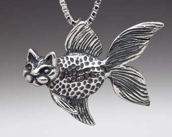 Fish Necklace Cat Necklace - Large Silver Catfish Charm Pendant - Fish Charm Fish Pendant Cat Charm Cat Pendant - Silver Fish Silver Cat