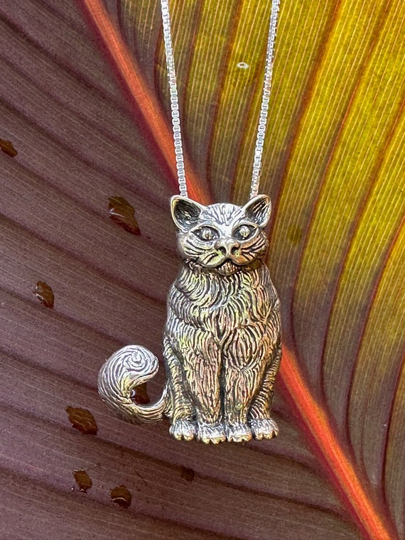 Large Sterling Silver Cat Necklace Kitty Pendant Kitty Large Sterling Silver Cat Necklace Kitty Pendant Kitty