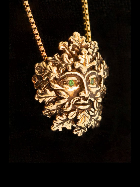 Green Man Pendant with Tsavorite Eyes - Solid 14K Gold - Rebirth Charm