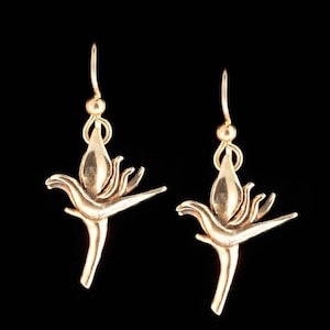 14k Gold Bird of Paradise Earrings 14k gold flower drop earrings gold charm flower solid gold dangle earrings boho earrings for Mom Gift