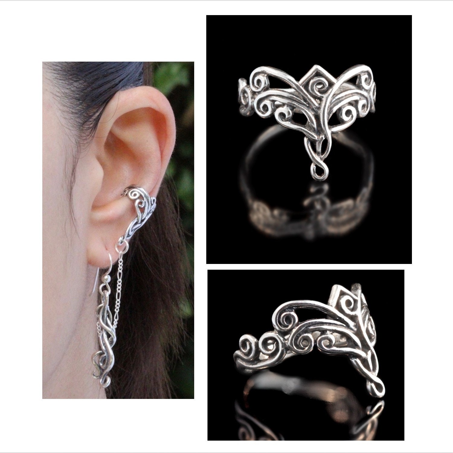 Silver Swirl Ear Cuff Set Silver Celtic Ring Jewelry Set Sterling Spiral Ring Chain Earring Ear cuff with Chain Black Friday Sale Cyber Sale