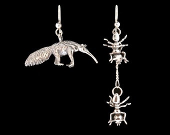 Anteater and Ant Earrings - Sterling Silver - Cute Mismatched Earrings