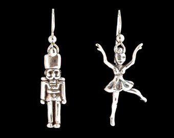 Noël - Boucles d'oreilles casse-noisette et ballerine - Argent sterling - Bijoux de vacances d'hiver