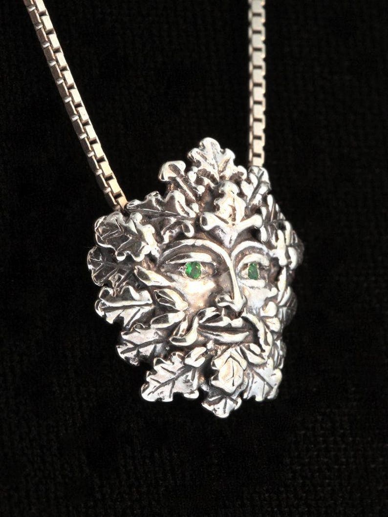 Green Man Charm with Tsavorite Eyes - Sterling Silver - Pagan Jewelry image 1