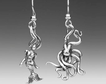 Octopus and Mermaid Earrings - Sterling Silver - Underwater Besties Earrings