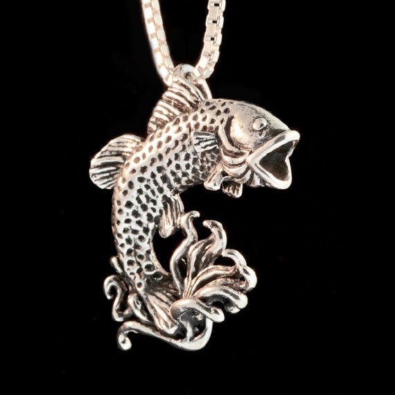 Fish Necklace Jumping Bass Fish Pendant Sterling Silver Fish Charm Fish  Jewelry Silver Fish Gift for Fisherman Dad Father's Day Gone Fishing 