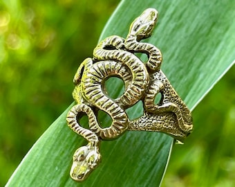 Alpha Omega Snake Ring, Solid 14K Gold Serpent Style (Boho Jewelry)