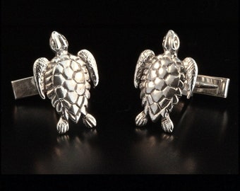 Sterling Silver Sea Turtle Cufflinks Silver Cuff Links Sea Turtle Jewelry Gift For Dad Cufflinks For Men Black Tie Wear Cufflinks for Groom