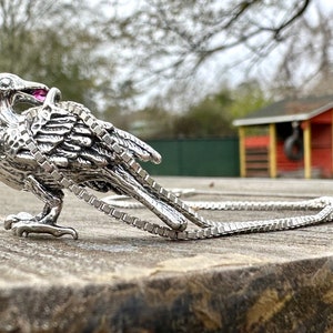 May include: A silver crow pendant with a pink gemstone in its beak, hanging on a silver chain.
