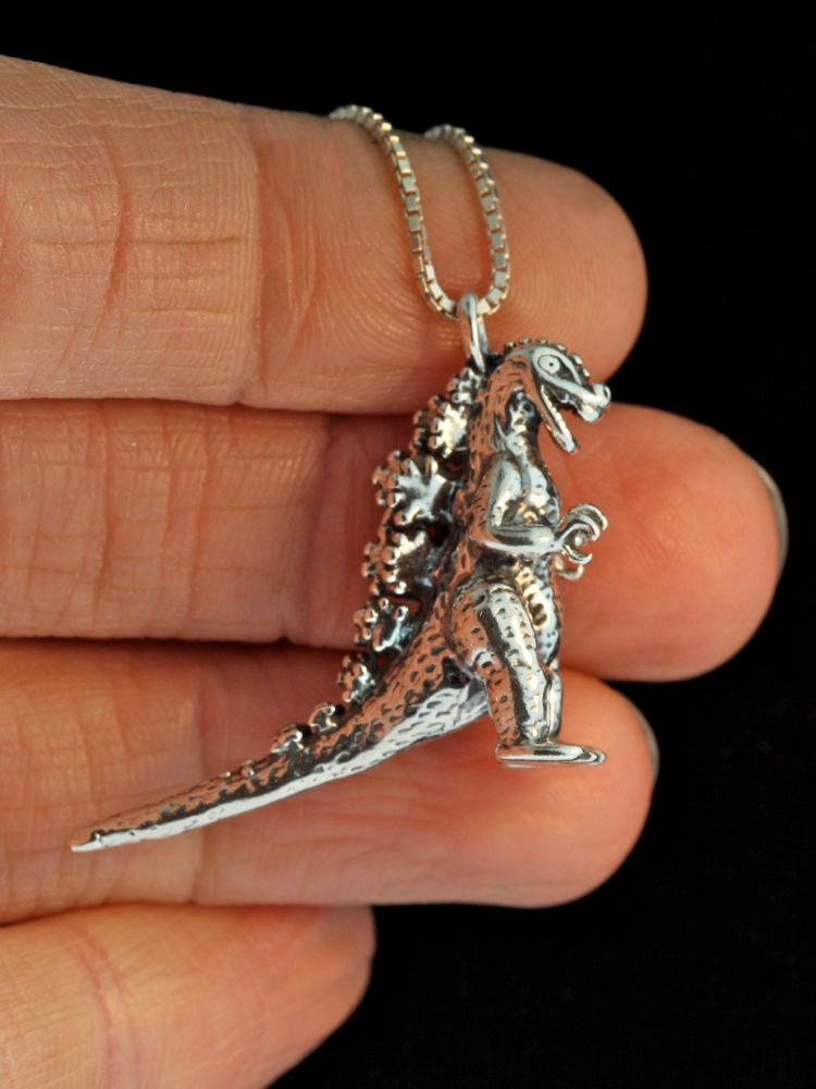 Godzilla Necklace Silver Godzilla Charm Godzilla Pendant Etsy