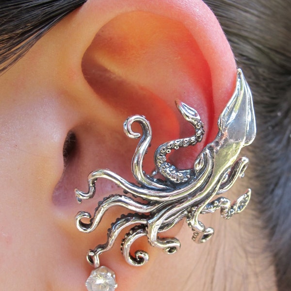 Kraken Squid Ear Cuff Sterling Silver Nautical Earring - Steampunk Jewelry Sea Creature Non-pierced Earring Tentacle