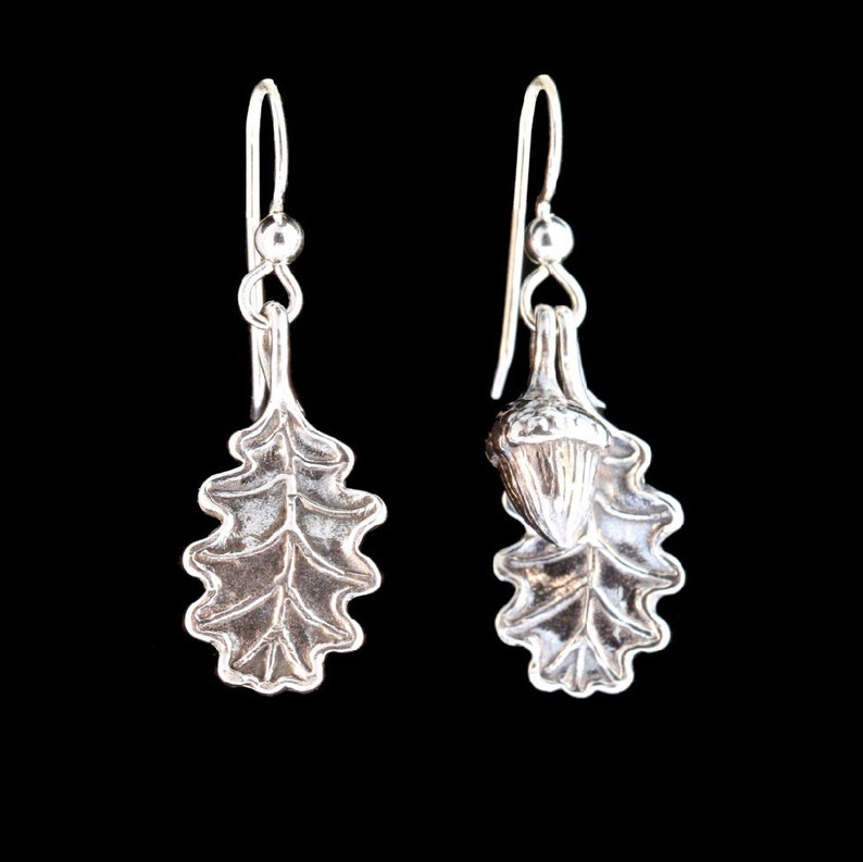 Oak Leaves and Acorn Earrings Silver Acorn Ear Wear Oak Leaf and Acorn Charms Leaf Earrings Hippie Nature Earthy Arborist Science Jewelry image 1