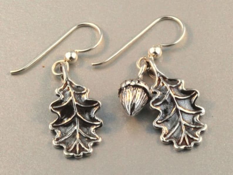 Oak Leaves and Acorn Earrings Silver Acorn Ear Wear Oak Leaf and Acorn Charms Leaf Earrings Hippie Nature Earthy Arborist Science Jewelry image 4