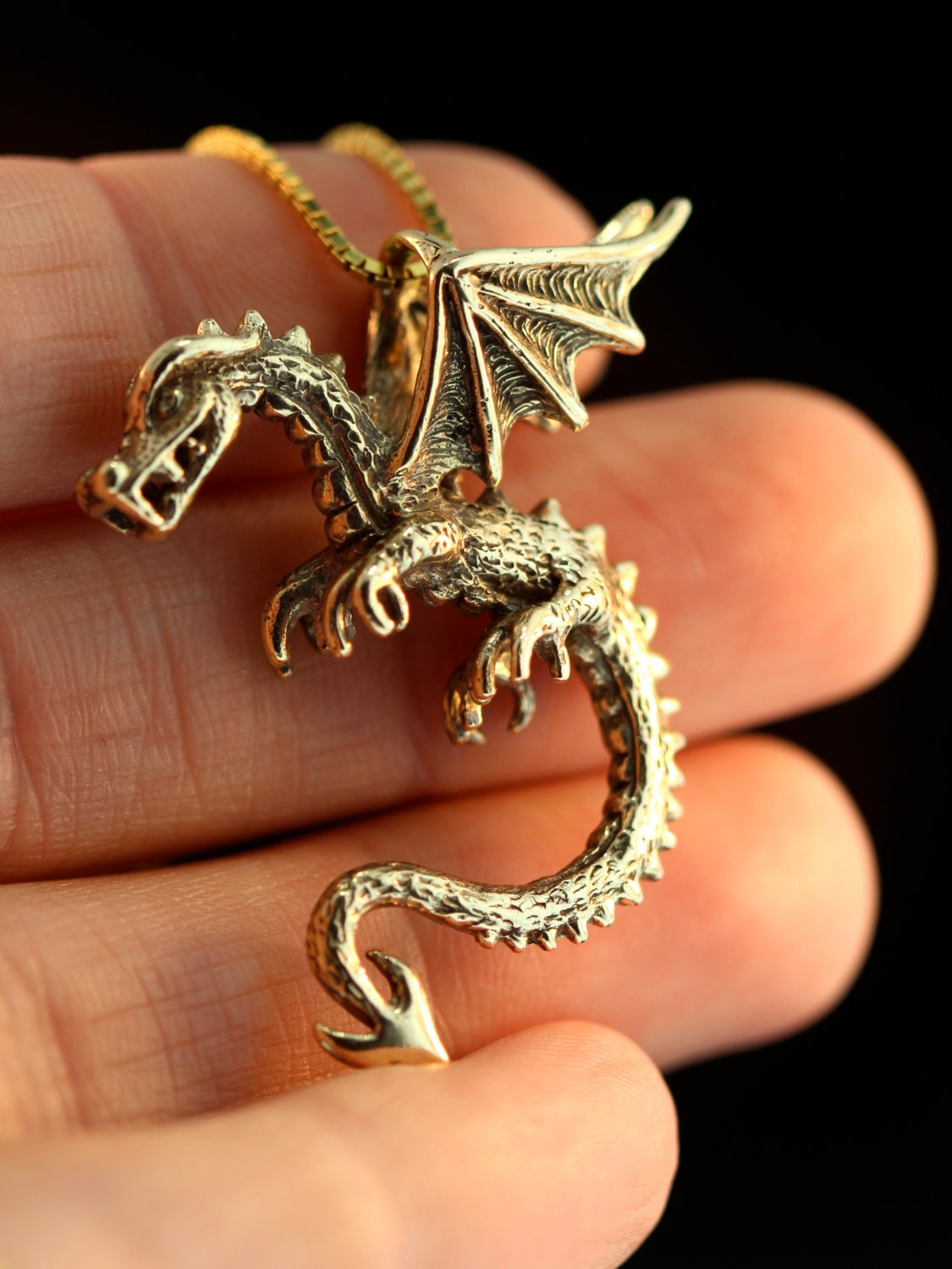 Massives 14k Gelbgold Halskette Mit Drachen-Symbol-Anhänger
