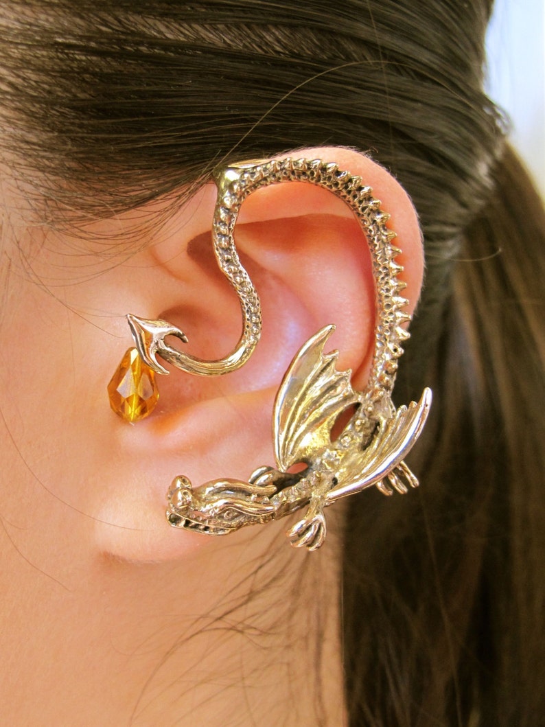 Dragon Ear Wrap Dragon Ear Cuff Game of Thrones Inspired Throne Dragon Ear Wrap with Briolette Drop Bronze Non Pierced Ear Wrap Ear Cuff image 1