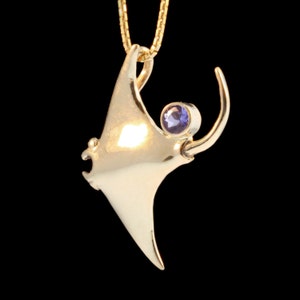Manta Ray Necklace 14k Gold With Gemstone Sting Ray Ocean Animal Jewelry Charms and Pendants Gold Jewelry Gold Manta Ray Sea Life Jewelry