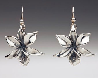 Orchideen-Ohrringe, Sterling-Silber-Blumenohrringe, Orchideen-Blumen-Silberblumen-Schmuck, Orchideen-Schmuck, Hawaii-Schmuck, Sterling-Silber-Ohrringe