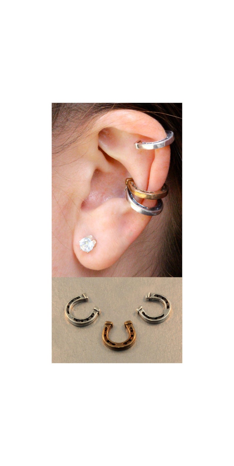 May include: Three silver horseshoe ear cuffs, one gold horseshoe ear cuff, and a single silver stud earring with a clear stone.
