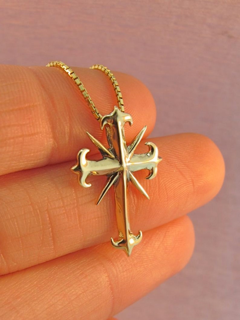 Gold Cross Necklace Gothic Cross Pendant 14k Gold Charm Etsy