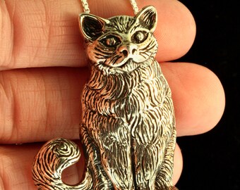 Large Sterling Silver Cat Necklace Kitty Pendant Kitty Jewelry