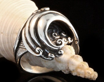 Handmade Sterling Silver Great Wave Statement Ring - Maverick's Beach Surfer Ring