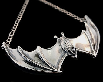 Silver Bat Necklace Halloween Jewelry Large Spread Winged Bat Pendant Silver Bat Jewelry Gothic Jewelry Halloween Necklace