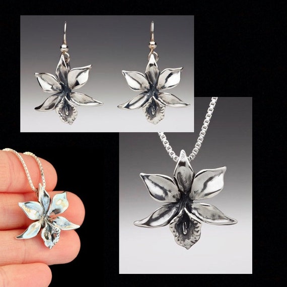 Orchidジュエリースターリングシルバーオーキッドチャームスライドハンドメイドフラワージュエリーor3-pns シルバーオーキッドフラワーネックレス＆イヤリングセット