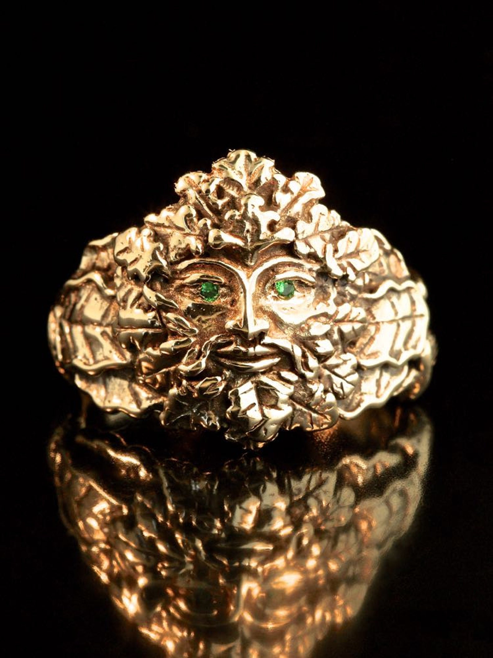 Green Man Ring With Tsavorite Eyes - Solid 14K Gold - Men's Celtic ...