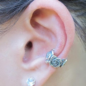 Silver Ear Cuff, Rose Ear Cuff, Rose Jewelry Rose Earring, Flower Earring Wedding Jewelry Silver Rose Band, Simple Ear Cuff, Grateful Dead