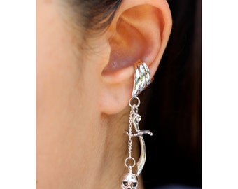Skull and Scimitar Ear Cuff - Sterling Silver - Non Pierced Pirate Earring