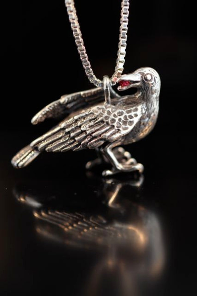 Raven Necklace Raven Jewelry Raven Pendant with Ruby Bird Necklace Bird Jewelry Silver Bird Crow Necklace image 6