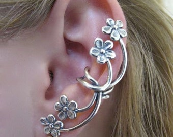 Flower Ear Cuff Silver Forget Me Not Flower Earcuff Flower Vine Ear Cuff Belle Non Pierced Ear Cuffs Floral Jewelry Boho Jewelry Hippie