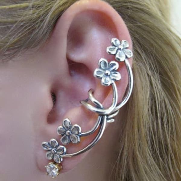 Flower Ear Cuff Silver Forget Me Not Flower Earcuff Flower Vine Ear Cuff Belle Non Pierced Ear Cuffs Floral Jewelry Boho Jewelry Hippie