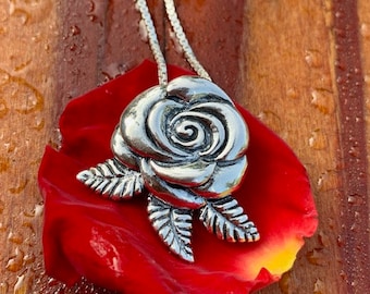 Sterling Silver Rose Necklace - Silver Flower Necklace - Blooming Rose Original Pendant -Gift for Girlfriend Mother