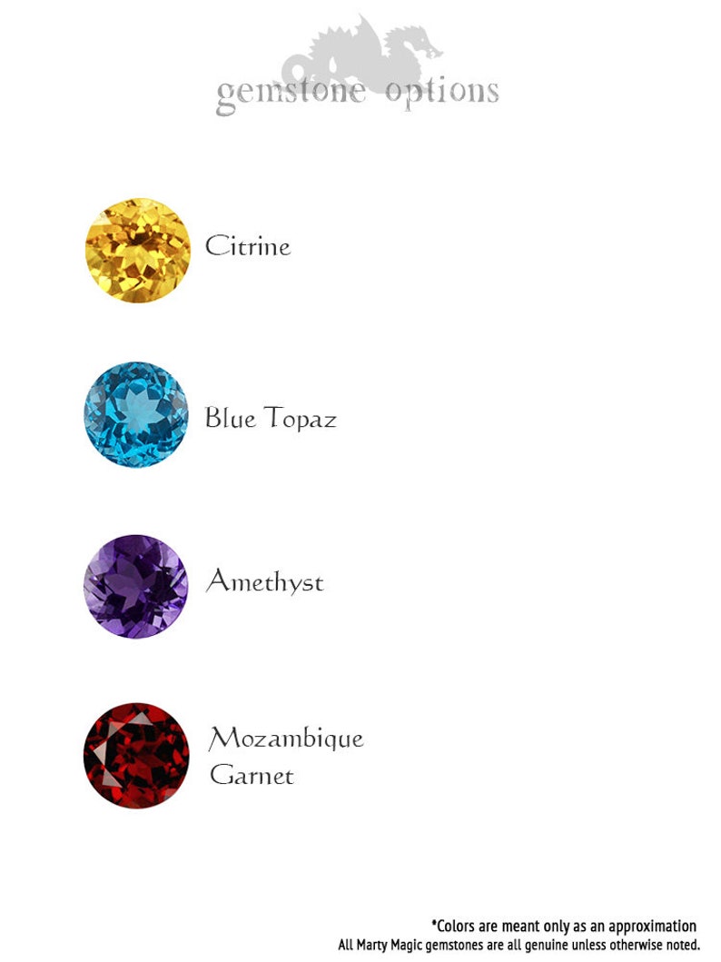 K&ouml;nnte beinhalten: Vier Edelsteinoptionen: Citrin, blauer Topas, Amethyst und Mosambik-Granat. *Die Farben sind nur als Ann&auml;herung gedacht. Alle Edelsteine von Marty Magic sind echt, sofern nicht anders angegeben.