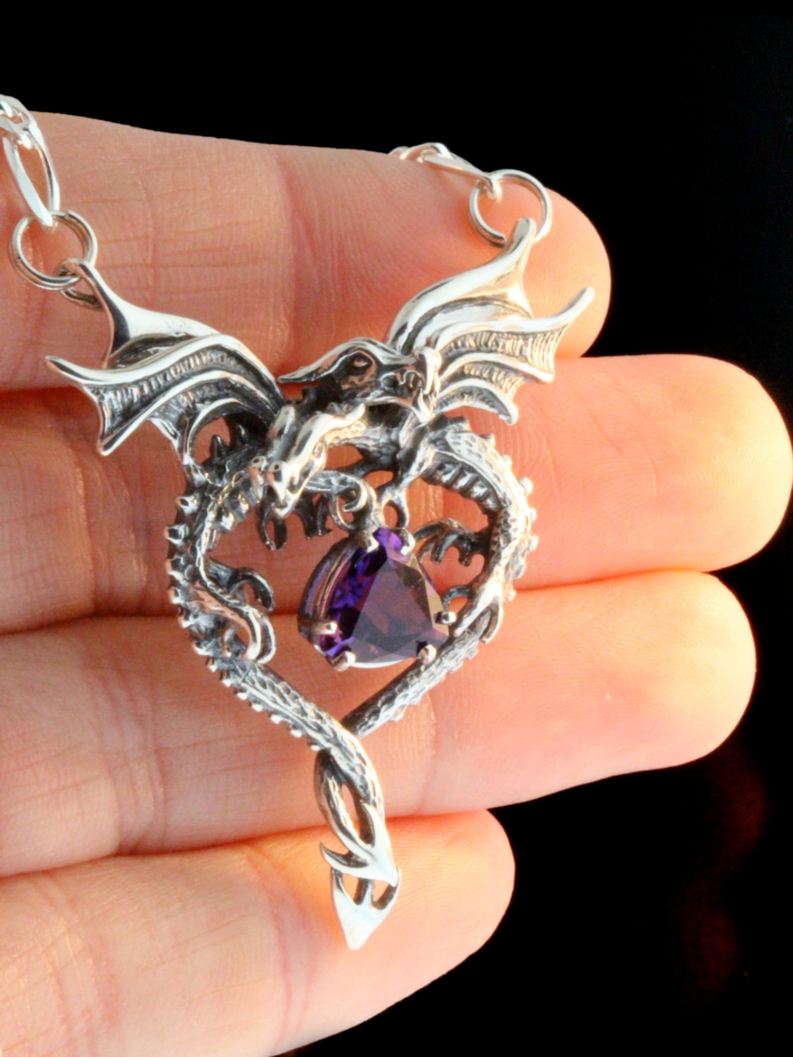Dragon Necklace Silver Dragon Heart Pendant With Amethyst Etsy