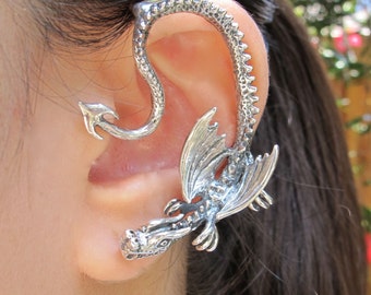 Pendiente de oreja de dragón del trono - Plata de ley - Pendiente de oreja para cosplay sin perforar