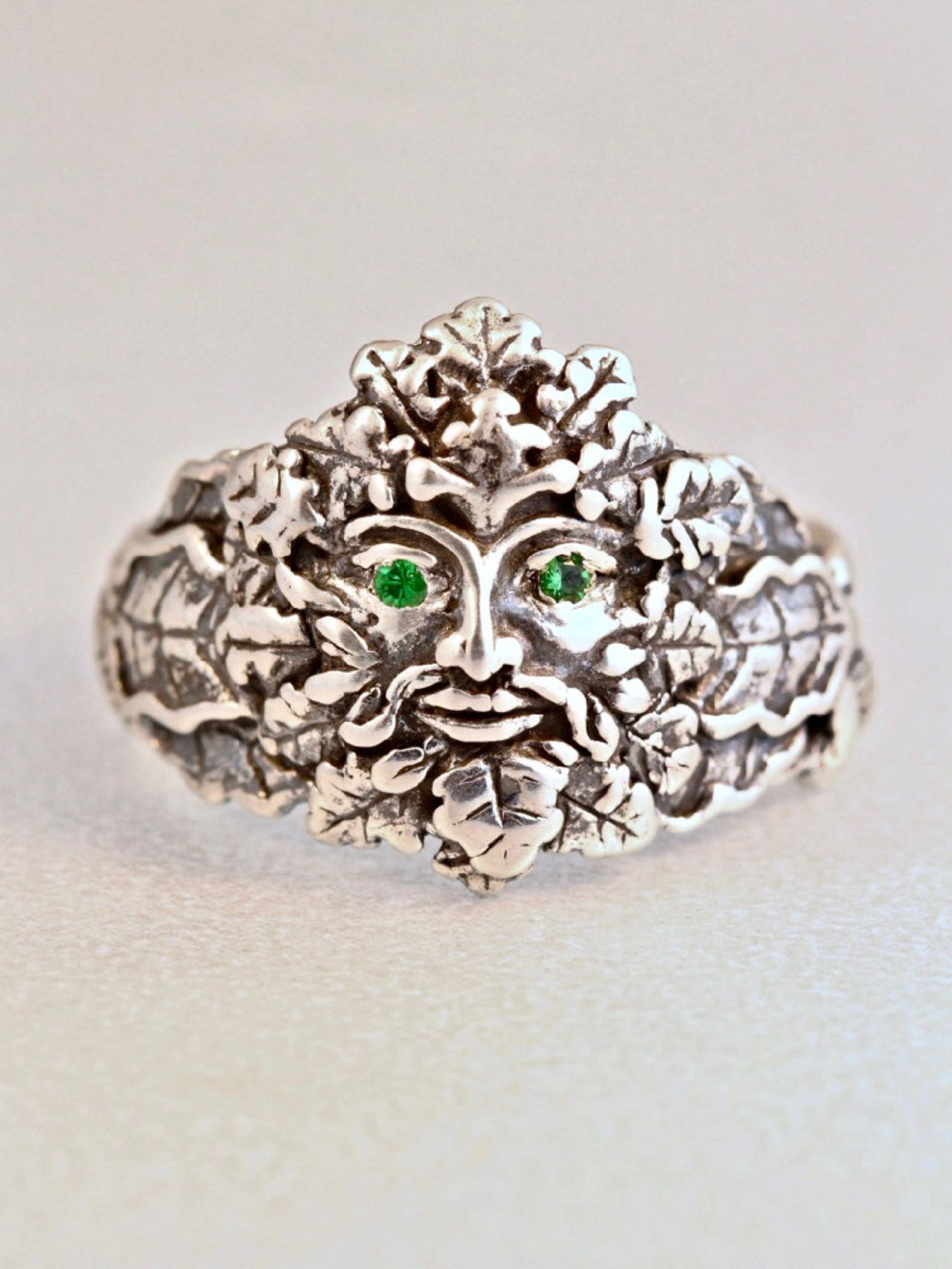 Green Man Ring With Tsavorite Eyes - Sterling Silver - Men's Celtic ...