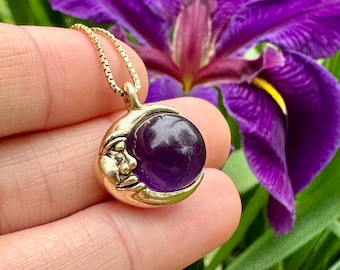 14k Gold Moon with Amethyst Orb Amethyst Sphere Gold Moon Charm Moon Jewelry Lunar Eclipse Jewelry Eclipse Gift Gold Moon Necklace Amethyst