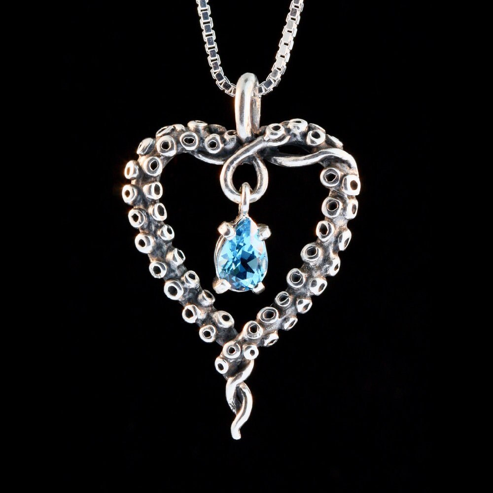 Tentacle Necklace Silver Octopus Tentacle Heart with Gemstone Tentacle Pendant Charm Cephalopod Ocean Octopus Jewelry Valentines Day Gift